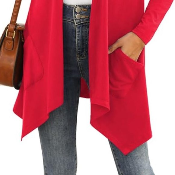 Red Cardigan With Pockets Large Lightweight Sweater Womens Fashion Fall Trends - Picture 3 of 4